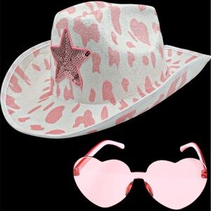 Pink & White Adult Cowboy CowPrint Hat heart Sunglasses Halloween Cosplay New